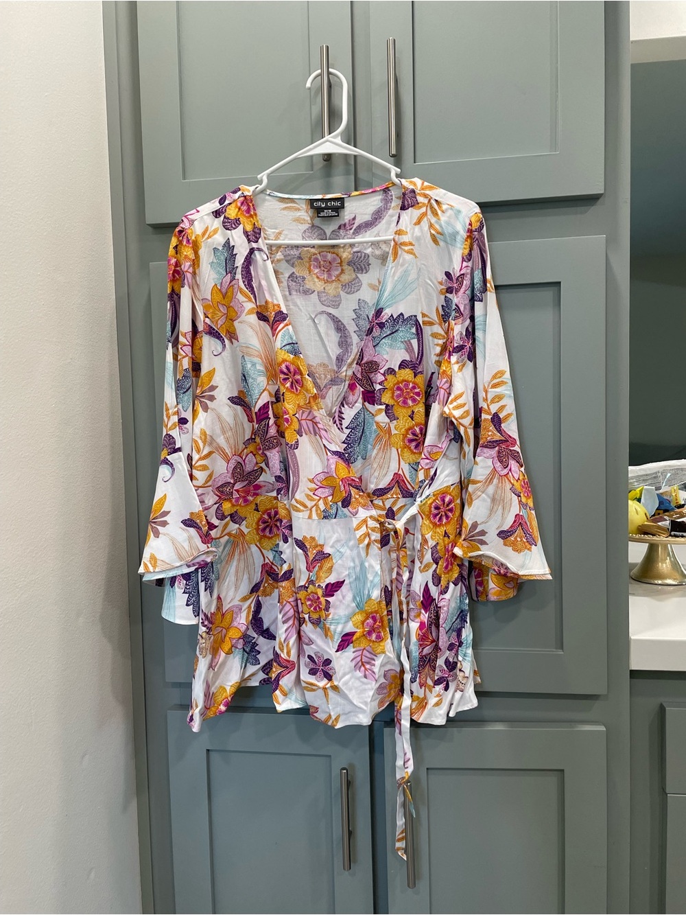 City Chic White Floral Wrap Tunic with Yellow & Purple Blooms